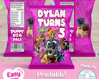 May include: Printable pink and purple chip bag design featuring the characters from the animated film "Puppy Dog Pals". The bag has a nutrition facts label and says "Dylan Turns 3".