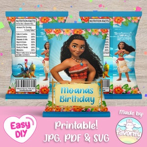 May include: Printable Moana birthday party favour bags. The bags are blue with a white border and feature a picture of Moana from the Disney movie Moana. The bags also have the text "Moana's Birthday" on them.