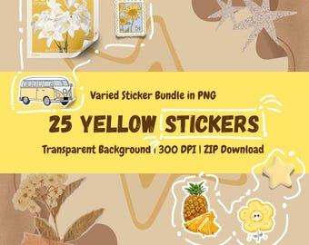 YELLOW STICKERS 25. Varied Sticker Bundle in PNG | 25 Pegatinas color Amarillo variedad de diseños en Png transparente | digital download