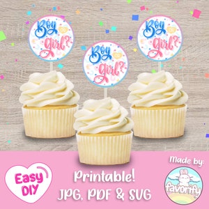 Gender Reveal Cupcake Toppers - Cupcake Circle Topper - Cupcake Decor - Labels - Digital File - Instant Download (PDF, JPG & SVG)