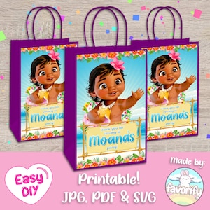 May include: Three purple favor bags with handles, featuring a cartoon image of a baby Moana from the Disney movie Moana. The bags have a tropical floral design and the text "Thank you for coming to Moana's party!"