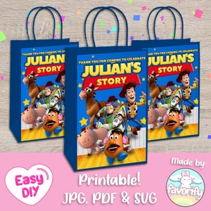 May include: Three blue favour bags with white handles. Each bag features a different Toy Story character, including Woody, Buzz Lightyear, Jessie, and Mr Potato Head. The bags have the text "Thank you for coming to celebrate Julian's Story" printed on them.