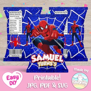 May include: Printable party favour bag design featuring a red and blue Spiderman character on a blue background with a white spider web pattern. The bag is labelled "Samuel Turns 5".