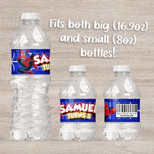 May include: Water bottle labels featuring a Spiderman design. The labels are blue with a red Spiderman character and the text "Samuel Turns 5". The labels are designed to fit both 16.9 oz and 8 oz bottles.