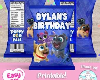 May include: Printable party favor bag design featuring the characters from the animated series "Puppy Dog Pals". The bag is blue with a white diamond pattern and features the text "DYLAN'S BIRTHDAY".