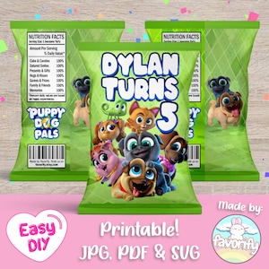 Puede incluir: Diseño de bolsa de regalo de fiesta imprimible con los personajes de la serie animada "Puppy Dog Pals". La bolsa es verde y presenta el texto "Dylan Turns 5" en blanco.