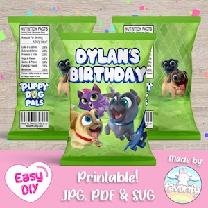 Puede incluir: Bolsas de fiesta verdes con el texto "DYLAN'S BIRTHDAY" y "PUPPY DOG PALS". Las bolsas presentan cachorros de dibujos animados y un gato. La parte inferior de la bolsa dice "Printable! JPG, PDF & SVG".