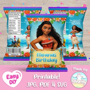 Könnte beinhalten: Druckbare Moana Geburtstags-Geschenkbeutel mit einem farbenfrohen tropischen Design, blauem Hintergrund und dem Text "Moana's Birthday".