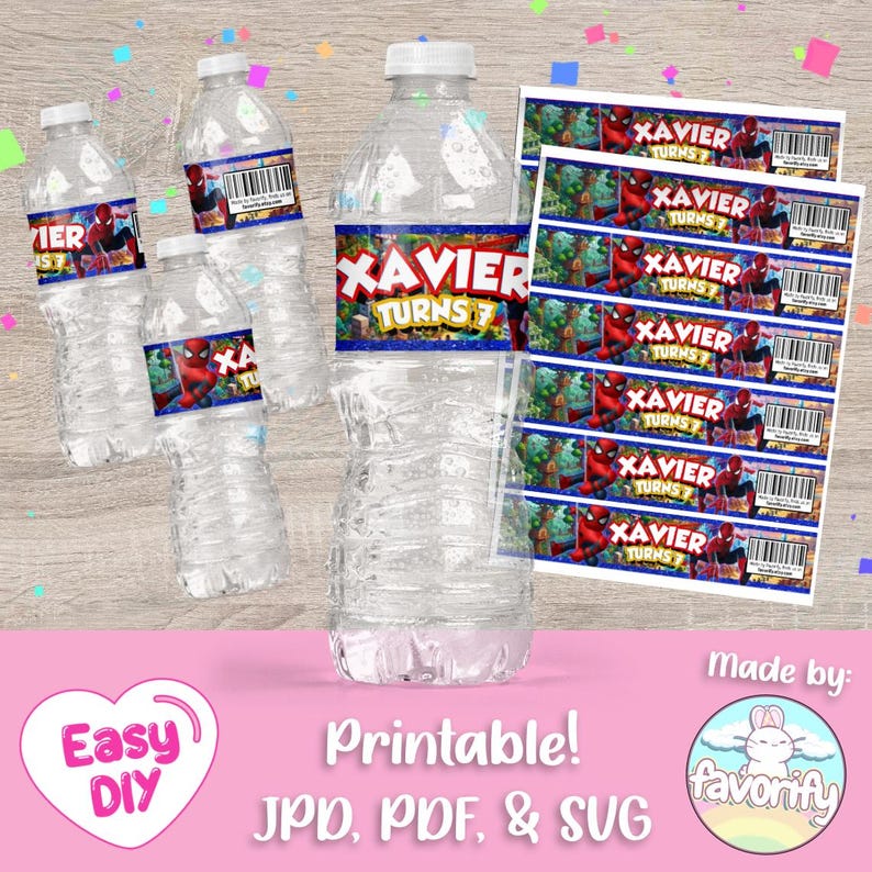 May include: Clear plastic water bottles with custom adhesive labels featuring a Spider-Man graphic, the text XAVIER TURNS 7, and a barcode. A sheet of matching rectangular printable labels is displayed to the right of the bottles for DIY application.