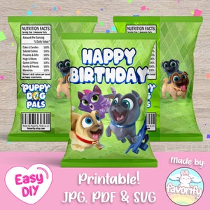 Puede incluir: Bolsas de regalo imprimibles con los personajes de la serie animada "Puppy Dog Pals". Las bolsas son verdes con un patrón de rombos blancos y tienen el texto "Feliz cumpleaños".