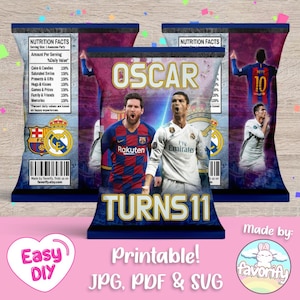 May include: Printable party favour bag design featuring a football theme with the names "Oscar" and "Turns 11" in a blue and gold banner. The bag features images of football players Lionel Messi and Cristiano Ronaldo, with the logos of FC Barcelona and Real Madrid.