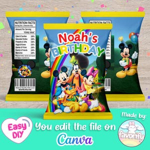 Embalagem para saquinhos de salgadinhos do Mickey Mouse Clubhouse - Minnie - Pluto - Pateta - Saquinhos de lembrancinhas - Arquivo digital - Download instantâneo (edite você mesmo no Canva)