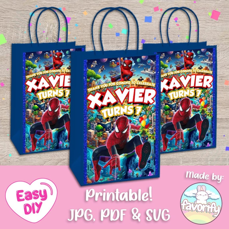 May include: Three blue paper gift bags featuring a graphic of a red and blue superhero in a city setting. The text reads: Thank you for coming to celebrate Xavier turns 7. The bags have dark blue handles and a glittery blue border on the sides.