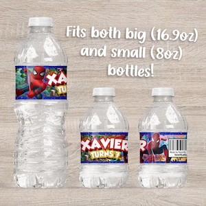 May include: Three clear plastic water bottles with white caps, featuring custom labels with a red and blue superhero graphic, the text XAVIER TURNS 7, and a barcode. The text Fits both big (16.9oz) and small (8oz) bottles! is displayed above.