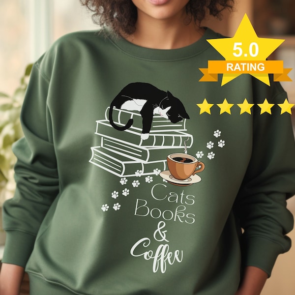 Funny Sweatshirt for Catlovers ,Cats Books and Coffee Unisex Heavy Blend™ Crew Neck Pullover Coffee Drinkers and Frequent Readers Gildan 18000