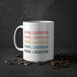 Vegan Coffee Mug, White Ceramic Mug, Gift for Vegans, Coffee Cup, Office Mug, Vegetarian Mug, Animal Liberation Retro, Gift for Vegan Person image 1