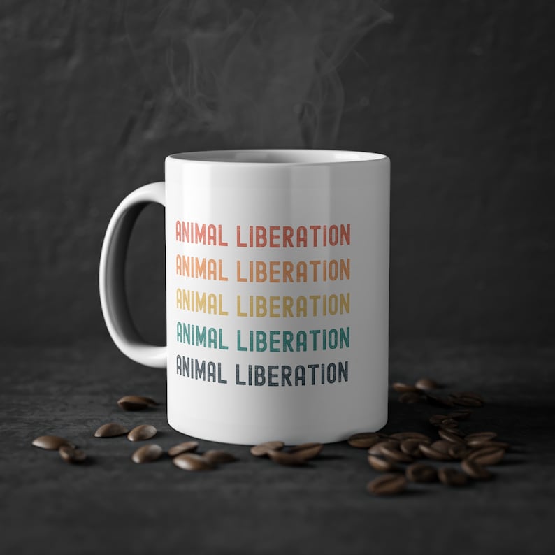 Vegan Coffee Mug, White Ceramic Mug, Gift for Vegans, Coffee Cup, Office Mug, Vegetarian Mug, Animal Liberation Retro, Gift for Vegan Person image 1