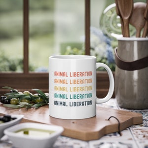 Vegan Coffee Mug, White Ceramic Mug, Gift for Vegans, Coffee Cup, Office Mug, Vegetarian Mug, Animal Liberation Retro, Gift for Vegan Person image 6