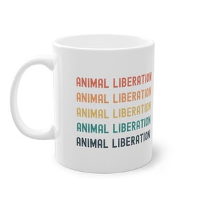 Vegan Coffee Mug, White Ceramic Mug, Gift for Vegans, Coffee Cup, Office Mug, Vegetarian Mug, Animal Liberation Retro, Gift for Vegan Person image 3