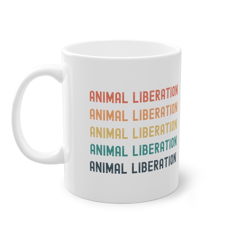 Vegan Coffee Mug, White Ceramic Mug, Gift for Vegans, Coffee Cup, Office Mug, Vegetarian Mug, Animal Liberation Retro, Gift for Vegan Person image 3