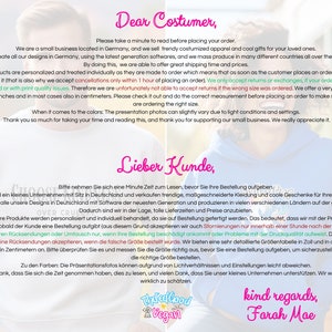 May include: A message from a small business in Germany that sells trendy clothing and gifts. The message is written in both English and German. It includes the text "Dear Costumer" and "Lieber Kunde".