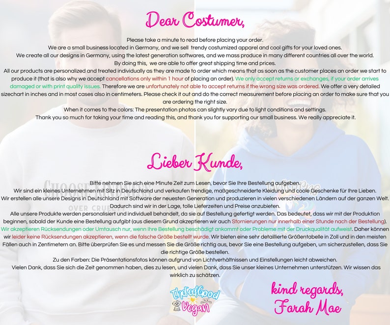 May include: A message from a small business in Germany that sells trendy clothing and gifts. The message is written in both English and German. It includes the text "Dear Costumer" and "Lieber Kunde".