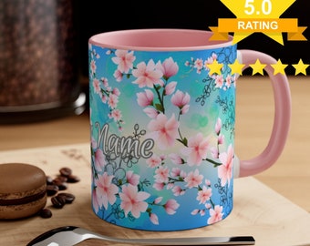 Cherry Blossoms accent coffee mug pink blue, personalized name mug flower motif gift idea for her Mother's Day Birthday Christmas