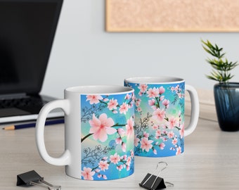 Cherry Blossom Ceramic Coffee Mug, Pink Vintage Floral Coffee Cup with Japanese Sakura Design-Gift for Her, Gift for Coffee and Flower lover