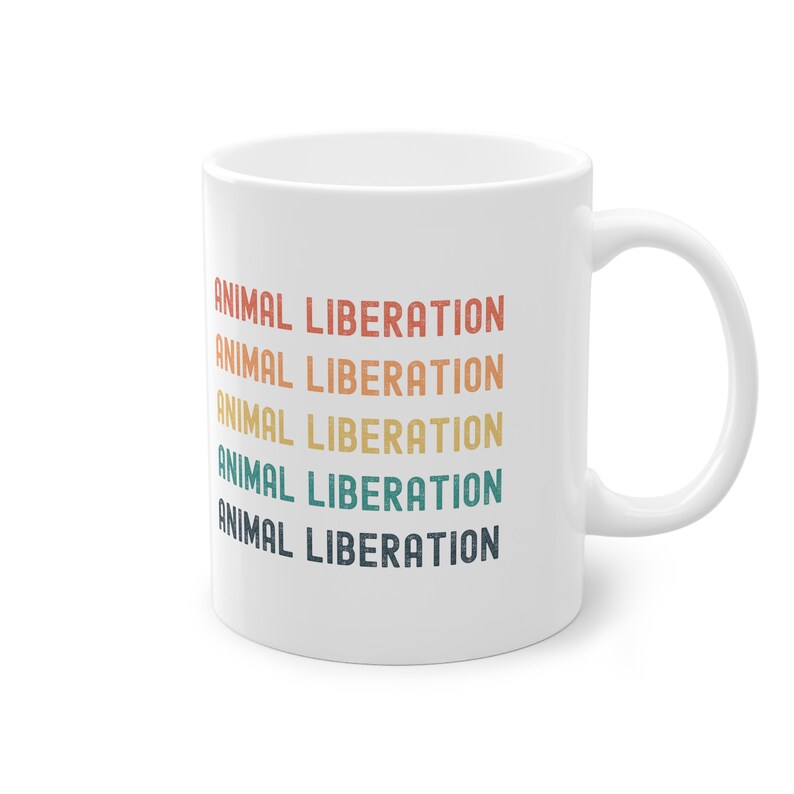 Vegan Coffee Mug, White Ceramic Mug, Gift for Vegans, Coffee Cup, Office Mug, Vegetarian Mug, Animal Liberation Retro, Gift for Vegan Person image 4