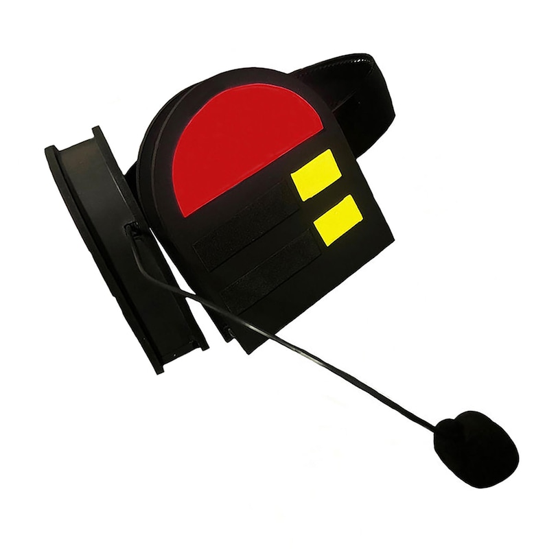 May include: Black and red headset with a yellow button and a microphone. The headset has a black headband and a black earcup.