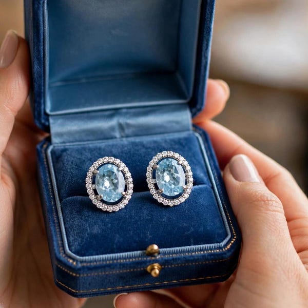 14Kt Gold Aquamarine Diamond Halo Stud Earrings: March Birthstone
