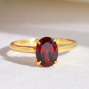 14K Gold Garnet Solitaire Ring: Minimalist Wedding Band