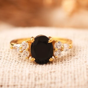 Oval Black Onyx Engagement Ring: Moissanite 18k Yellow Gold Bridal Ring