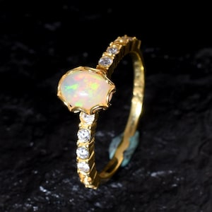Natural Opal Engagement Ring: Oval Moissanite, 14k Gold Wedding Ring