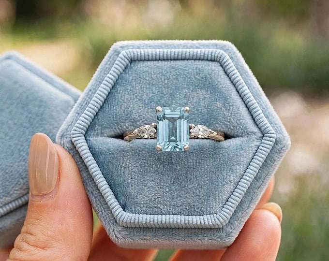 Emerald Cut Aquamarine Ring, 14K Solid Gold March Birthstone Ring