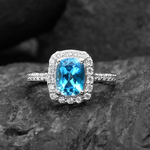 Unique Engagement Ring,Cushion Cut 14k Gold Swiss Blue Topaz Ring,Antique Diamond Halo,Wedding Anniversary Gift,Something Blue For Her