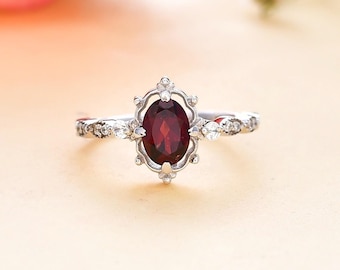 Oval Garnet Engagement Ring: Sterling Silver Minimalist Wedding Ring