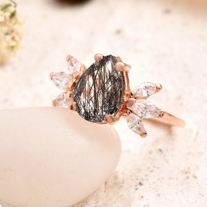 Pear Black Rutilated Quartz Ring Set: Rose Gold Vermeil Halo Bridal Ring