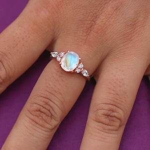 Oval Moonstone Engagement Ring: 18k Rose Gold Moissanite Wedding Ring