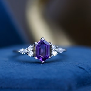 Amethyst Hexagon Ring: 18k Gold Vermeil Leaves Band, Simulated Diamonds