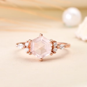 Hexagon Rose Quartz Engagement Ring: Rose Gold Sterling Silver, Moissanite Accents