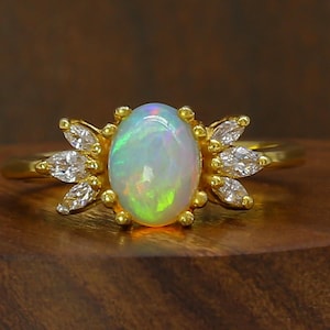 Vintage Opal Engagement Ring: 18k Yellow Gold, Lab Diamond Cluster
