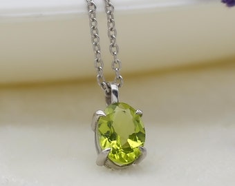 14k White Gold Natural Peridot Pendant Necklace, Green Peridot Necklace, Handmade Pendant, Oval Peridot Gemstone, Gift for Her