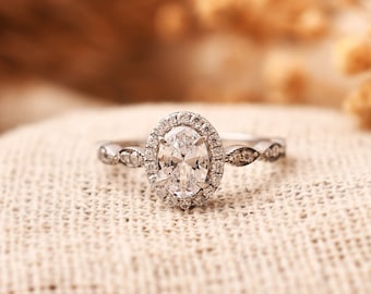 0.50 CT Oval Moissanite Engagement Ring: 14k White Gold Halo Bridal Ring