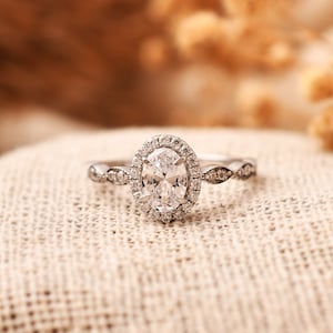 0.50 CT Oval Moissanite Engagement Ring: 14k White Gold Halo Bridal Ring