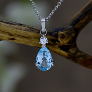 Aquamarine Necklace: Pear Shape 14k White Gold, March Birthstone