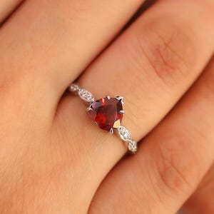 Heart Garnet Engagement Ring, Natural Red Garnet Ring, Garnet Diamond Ring, Romantic Heart Shaped Gemstone Wedding Ring, Anniversary Ring