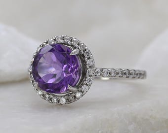14k White Gold Amethyst Engagement Ring: February Birthstone Halo Ring