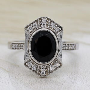 Vintage Oval Black Onyx Ring: 18K White Gold Engagement Promise Ring