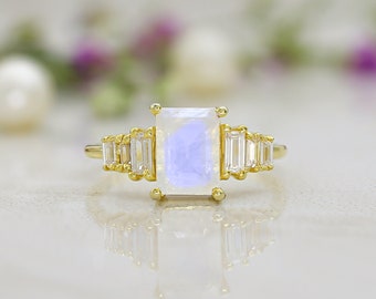 18k Gold Vermeil Emerald Cut Moonstone Ring: Diamond Cluster Anniversary